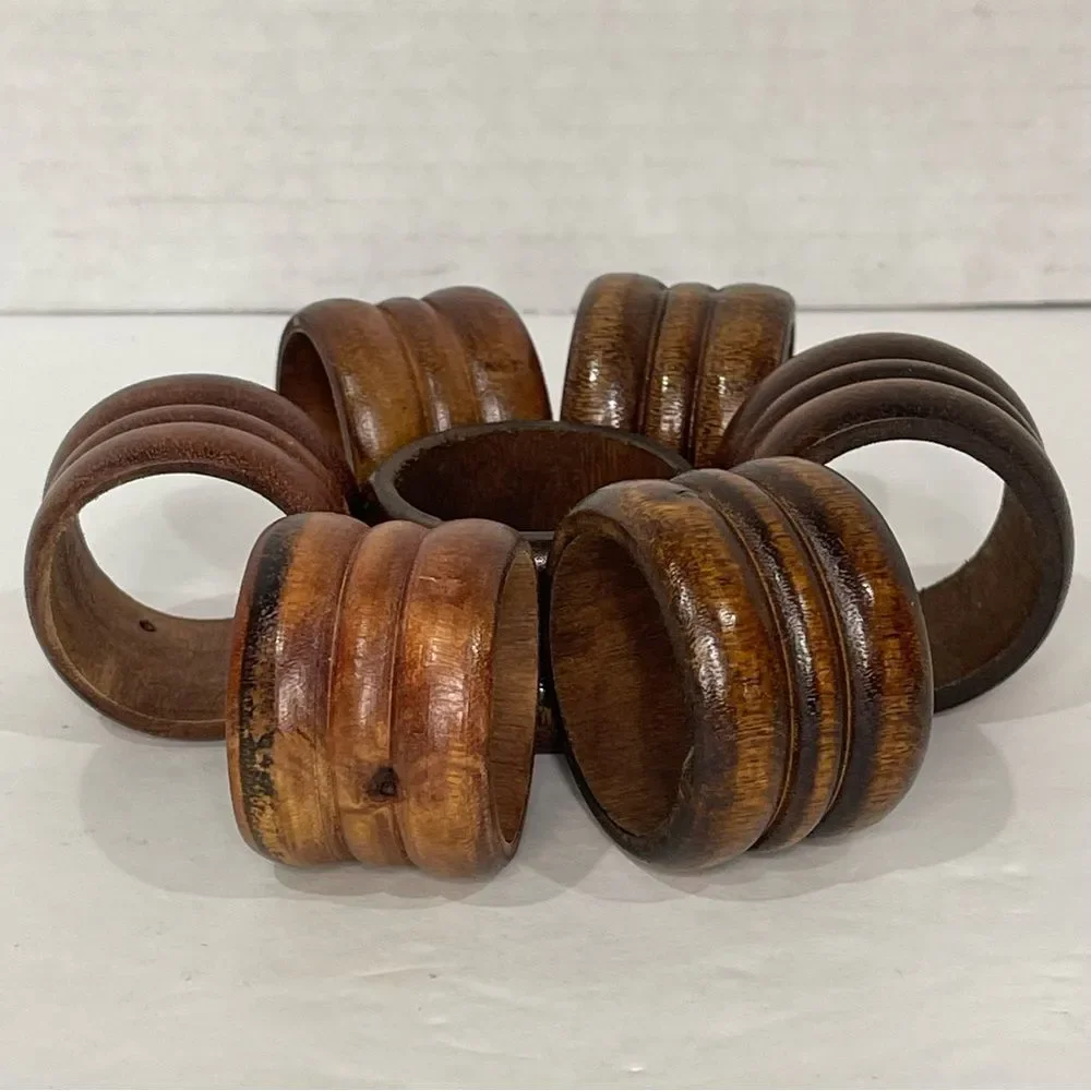 Rustic Wood Napkin Rings MCM Retro Cabin Farmhouse Casual Dark Brown Set of 7